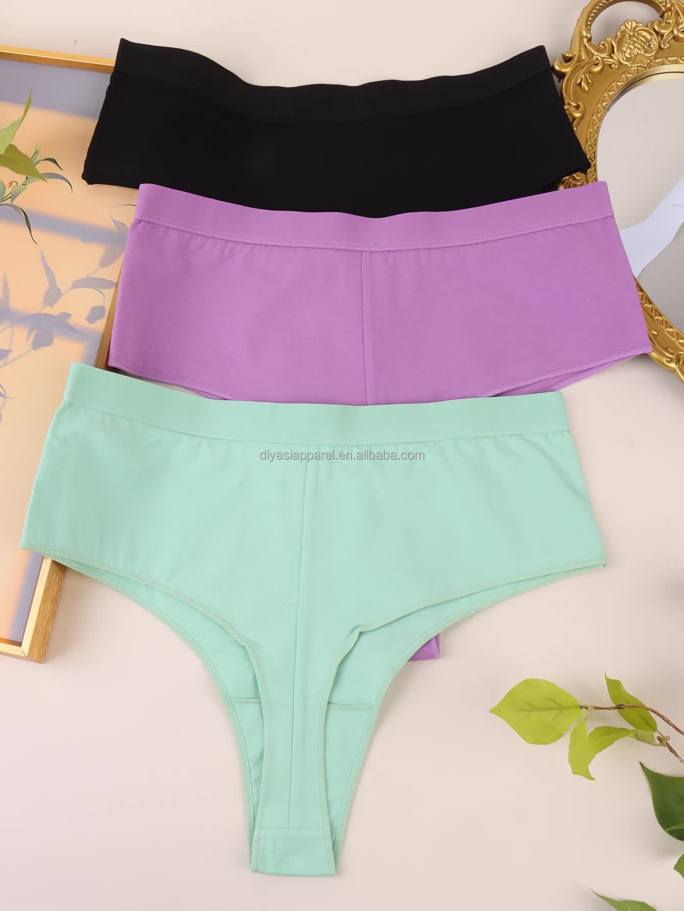 V888-ELOSUNG20140-224749-00 3 pcs(MINT green+Black+Violet) High-Waisted Solid Color Cotton Comfort Plus Size Tummy Control Thong Panties for Women – Size M - Image 1