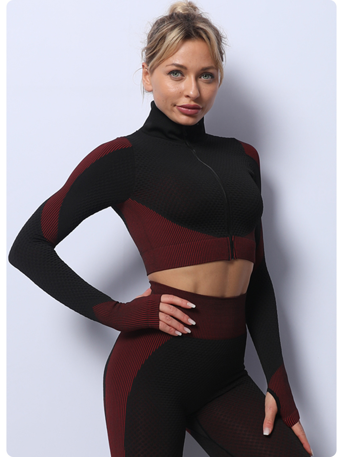 V888-ELOSUNG20211-224970-01 Black+Red High Waist Yoga Set for Women - Sports Bra, Long Sleeve Shirt & Leggings 3-Piece Workout Set Size XXXL - Image 1