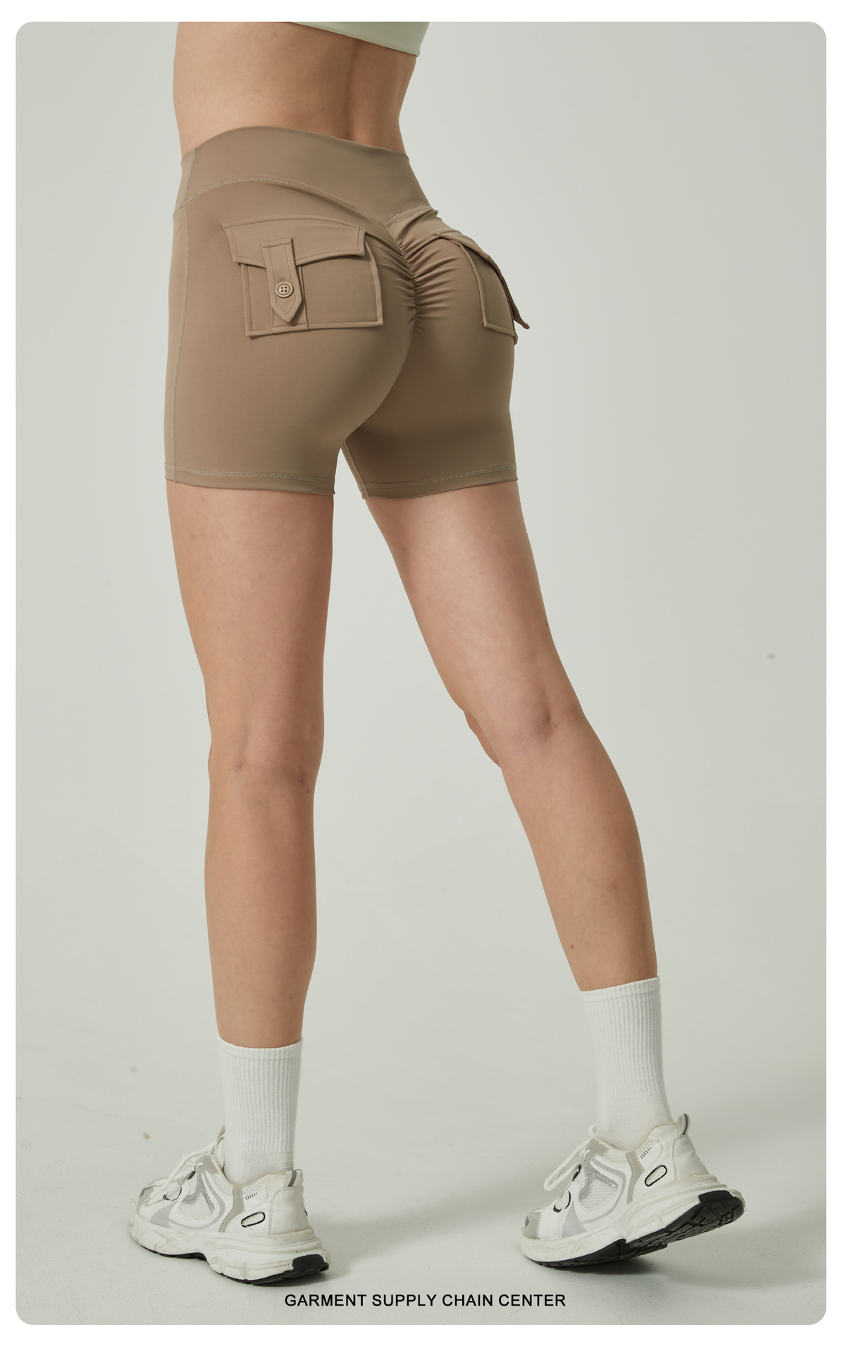V888-ELOSUNG20230-224821-00 Khaki High-Waisted Yoga Shorts with Pockets for Women – Butt-Lifting, Breathable, and Comfortable Activewear S - Image 1