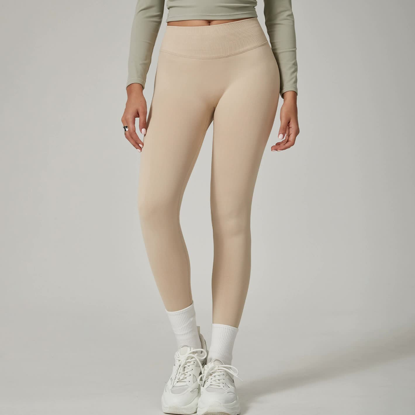 V888-ELOSUNG20255-225998-00 Khaki High-Waisted Butt Lift Yoga Pants for Women - Peach Hip Design, Full-Length Leggings, Workout and Fitness Activewear size L - Image 1