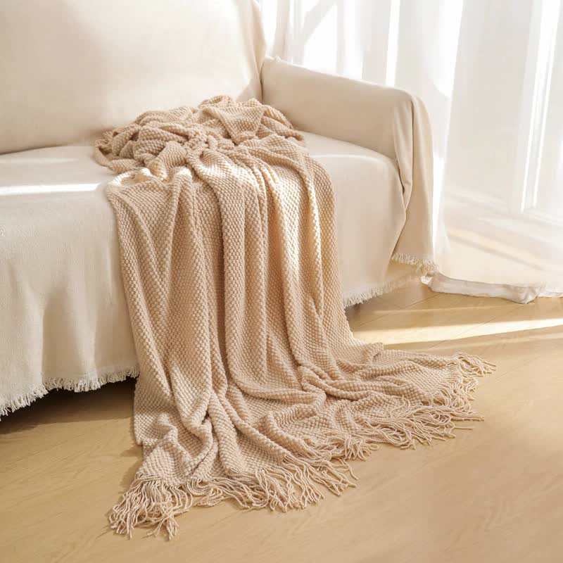 V888-ELOSUNG20362-226819-00 Khaki Premium Woven Knitted Throw Blanket with Tassels | Soft, Cozy Sofa & Bed Blanket, Perfect for Office or Afternoon Naps 130x220cm - Image 1
