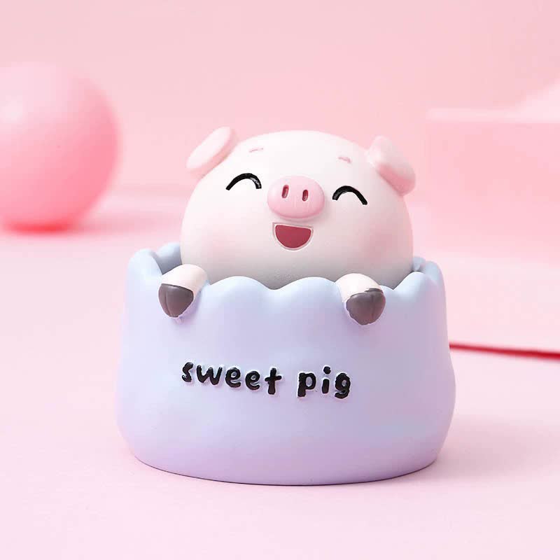 V888-ELOSUNG20386-226787-00 2 pcs Blue Cute Pig Head Bobble Head Car Ornament | Resin Pig Doll for Car Dashboard Decoration 6.5x7cm - Image 1
