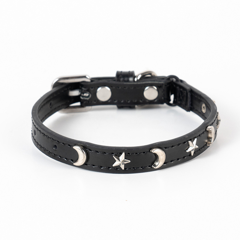V888-ELOSUNG20449-202502241441-00 3 pcs Black Stylish PU Leather Pet Collar - Anti-Loss, Puppy Bell, Star & Moon Design Width 1.2cm Total Length 35cm - Image 1
