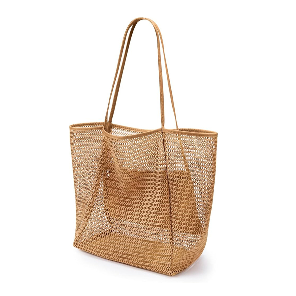 V888-ELOSUNG20473-202502241536-00 2 pcs Khaki Casual Mesh Tote Bag - Shoulder Bag for Beach & Travel 35x17x37cm - Image 1