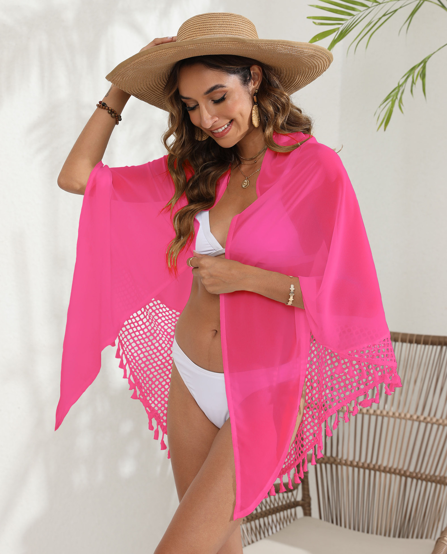 V888-ELOSUNG20529-202502251025-00 Rose red Women's Mesh Detail Beach Wrap - Tassel Trim Swim Cover-Up 95x195cm - Image 1