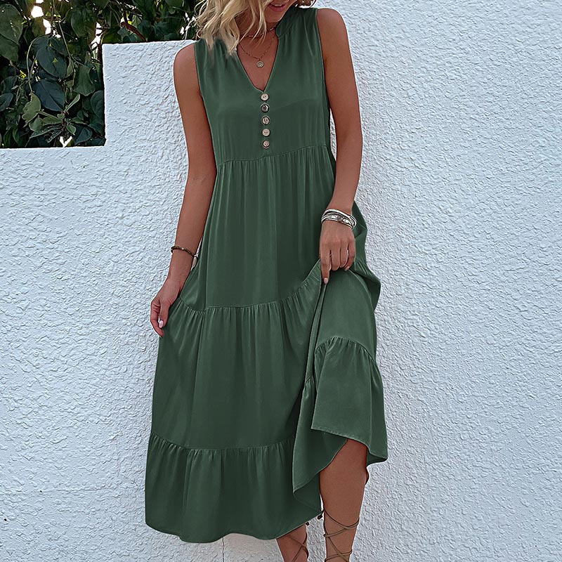 V888-ELOSUNG20558-202502261759-00 Green Flowy Sleeveless Midi Dress - Sleeveless solid sundress with decorative buttons Size S - Image 1