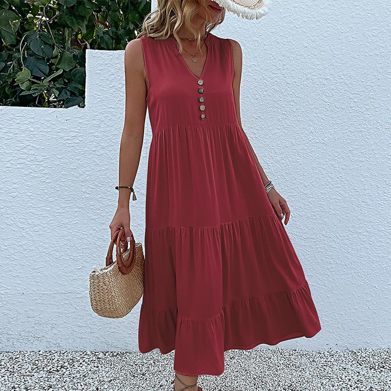 V888-ELOSUNG20560-202502261806-00 Wine red Flowy Sleeveless Midi Dress - Sleeveless solid sundress with decorative buttons Size S - Image 1