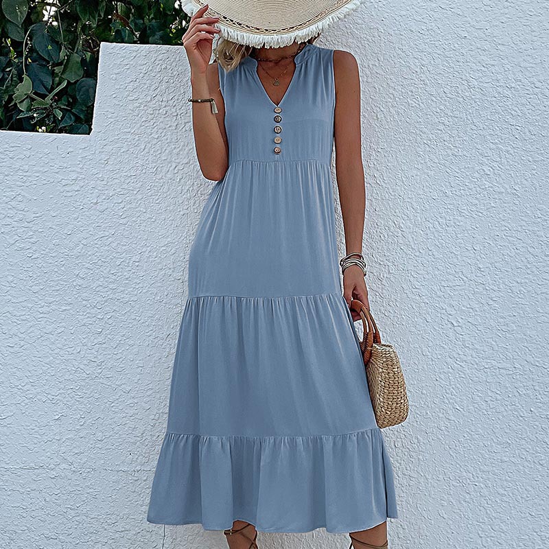 V888-ELOSUNG20561-202502261806-00 Light blue Flowy Sleeveless Midi Dress - Sleeveless solid sundress with decorative buttons Size S - Image 1