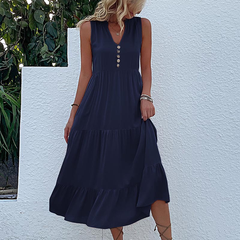 V888-ELOSUNG20583-202502261529-00 Navy blue Flowy Sleeveless Midi Dress - Sleeveless solid sundress with decorative buttons Size XL - Image 1