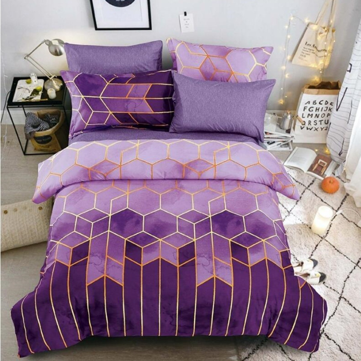 V888-ELOSUNG20768-202503031003-00 Geometric Print Duvet Cover - 3 Piece Purple Ombre Bedding Set Quilt cover 230x230cm-Pillow cover 51x76cm - Image 1