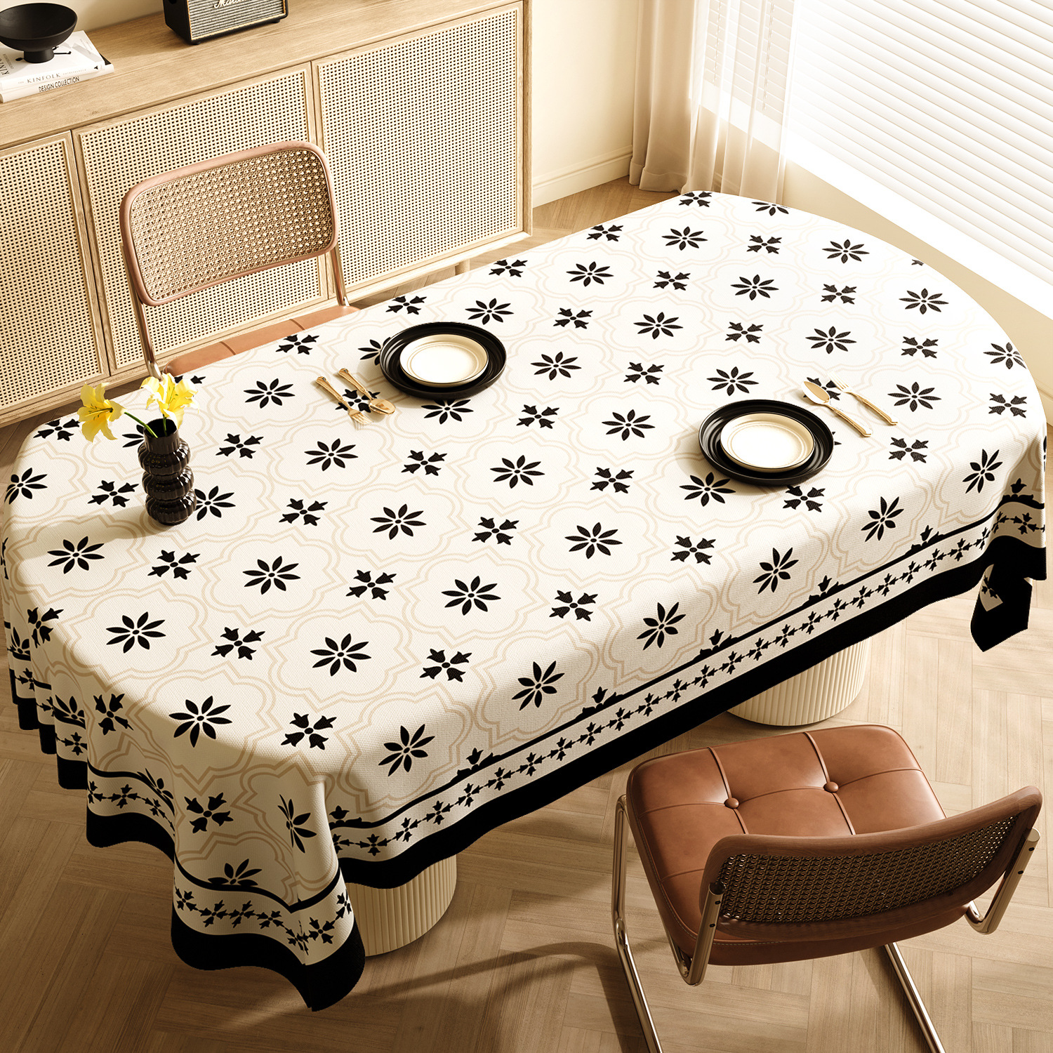 V888-ELOSUNG21092-225970-00 Style F Black And Off White Premium PVC Tablecloth - Oil & Water Resistant Table Cover for Dining Tables (140 x 220 cm) - Image 1