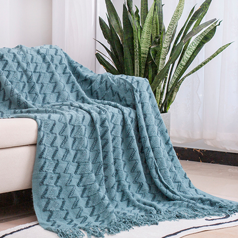 V888-ELOSUNG21131-225990-00 130*230CM Blue Modern Knitted Throw Blanket with Tassels - Soft & Lightweight for Sofa, Bed, and Office - Image 1