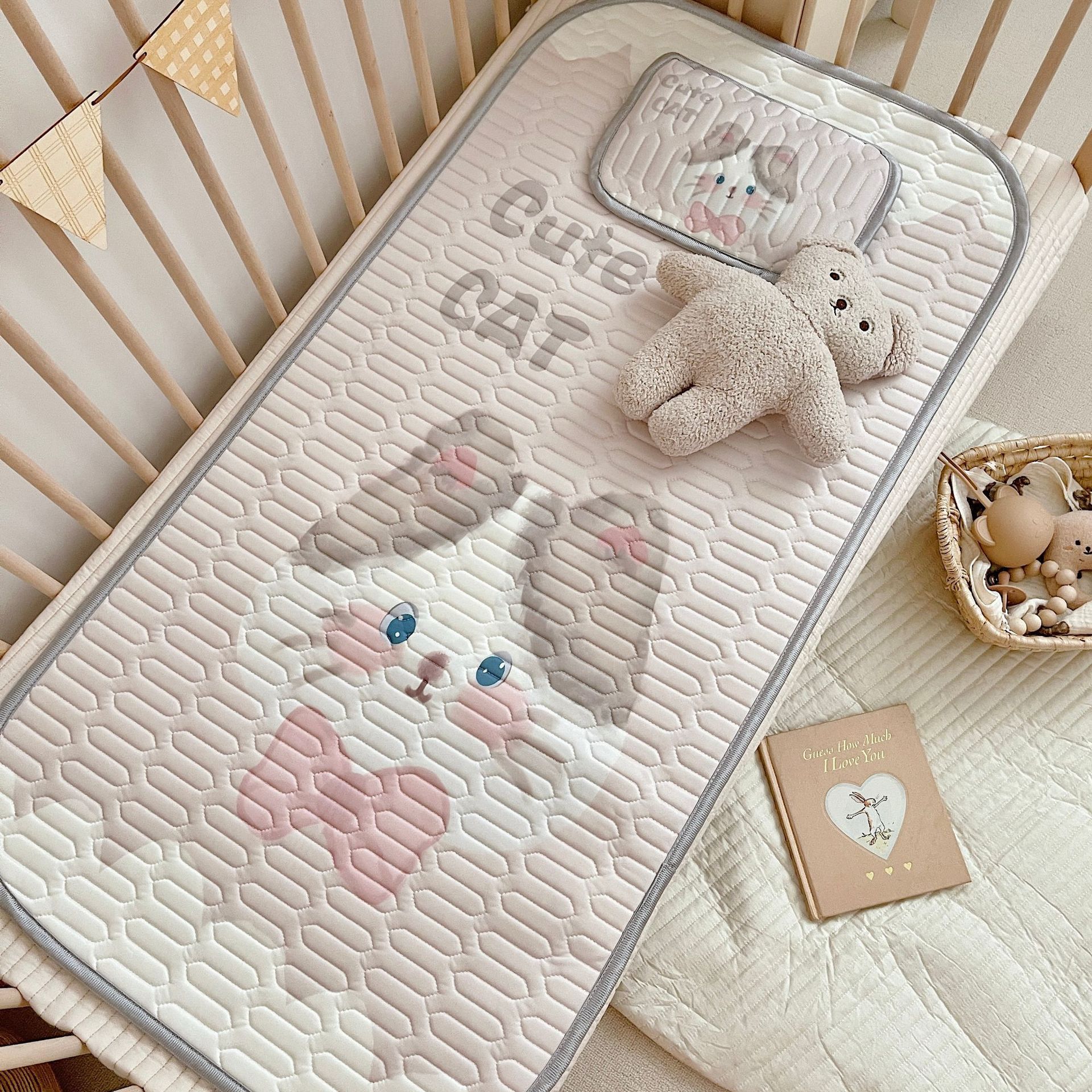 V888-ELOSUNG21137-226715-00 Cute Cat Pattern 2 Piece Set Kids Cooling Pad Set - 60x120cm Cartoon Latex Mattress Protector, Pillow - Image 1