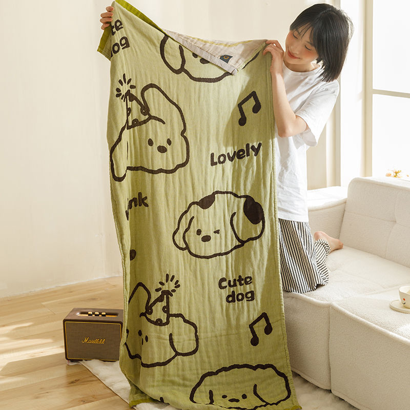 V888-ELOSUNG21143-226722-00 Green Cute Dog Pattern Soft and Absorbent 4-Layer Cotton Bath Towel for Adults and Children | Cartoon Design | 80*160 cm | Perfect for Bathing and Lounging - Image 1