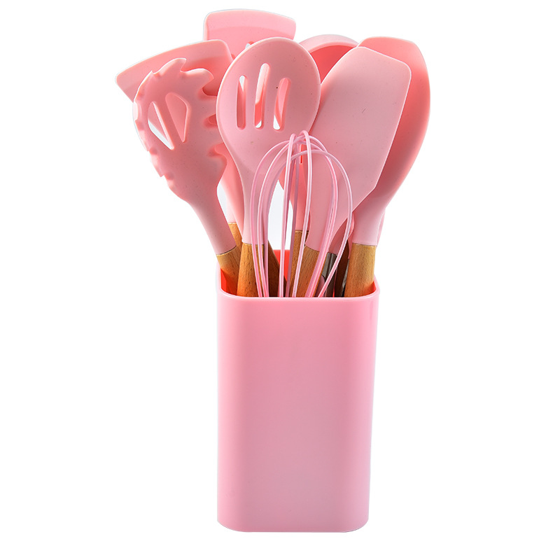 V888-ELOSUNG21312-202502251026-00 Pink 12-Piece Silicone Kitchen Utensil Set with Beechwood Handles & Holder - Image 1