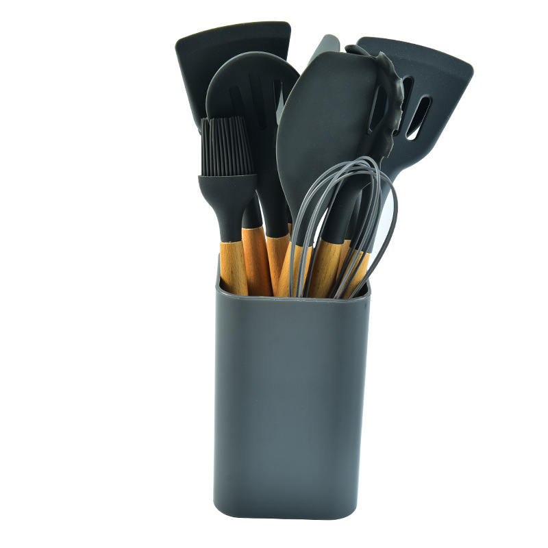 V888-ELOSUNG21313-202502251027-00 Black 12-Piece Silicone Kitchen Utensil Set with Beechwood Handles & Holder - Image 1