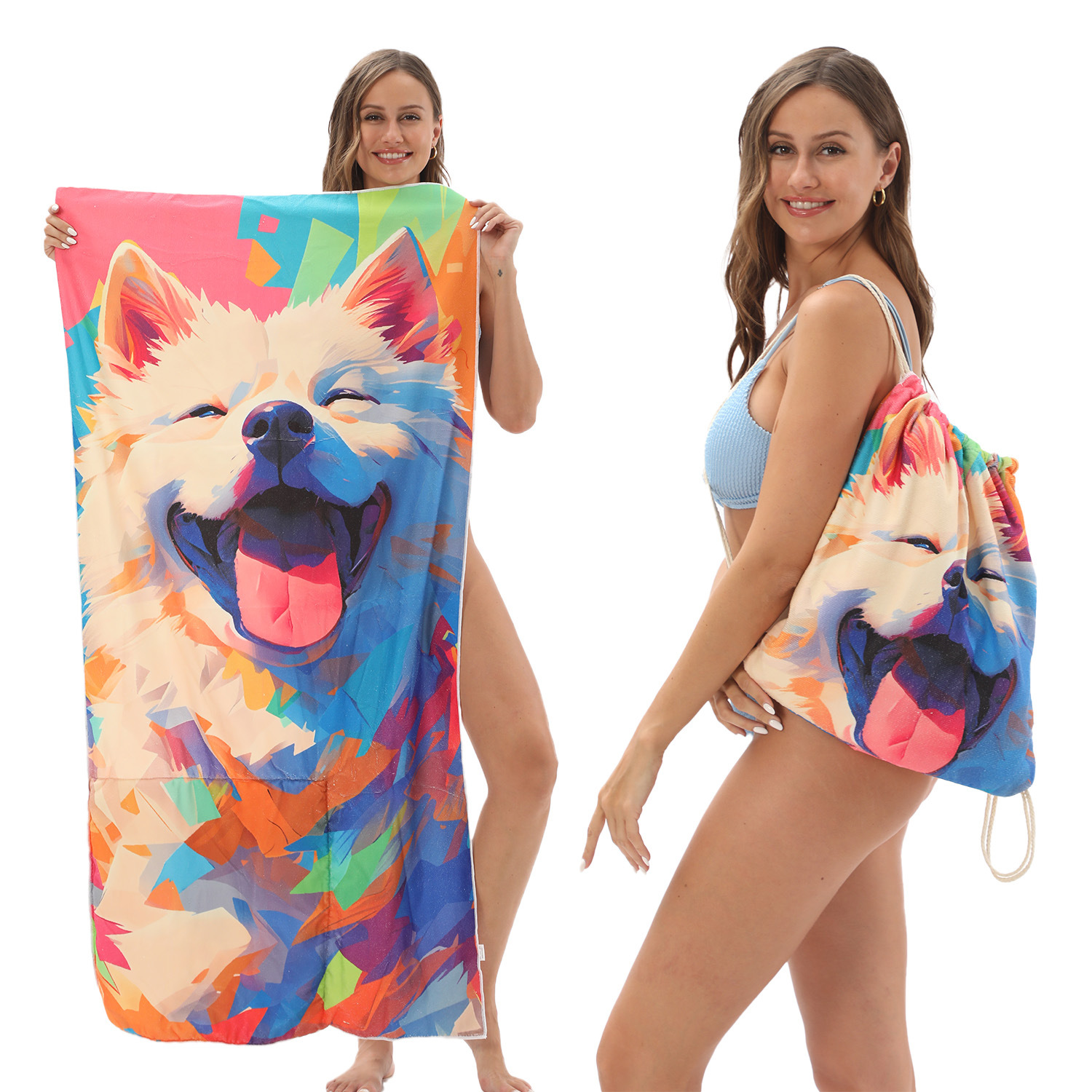 V888-ELOSUNG21350-202502250952-00 Colorful Dog Pattern 2-in-1 Foldable Beach Towel & Backpack - Microfiber Travel Set is concise - Image 1