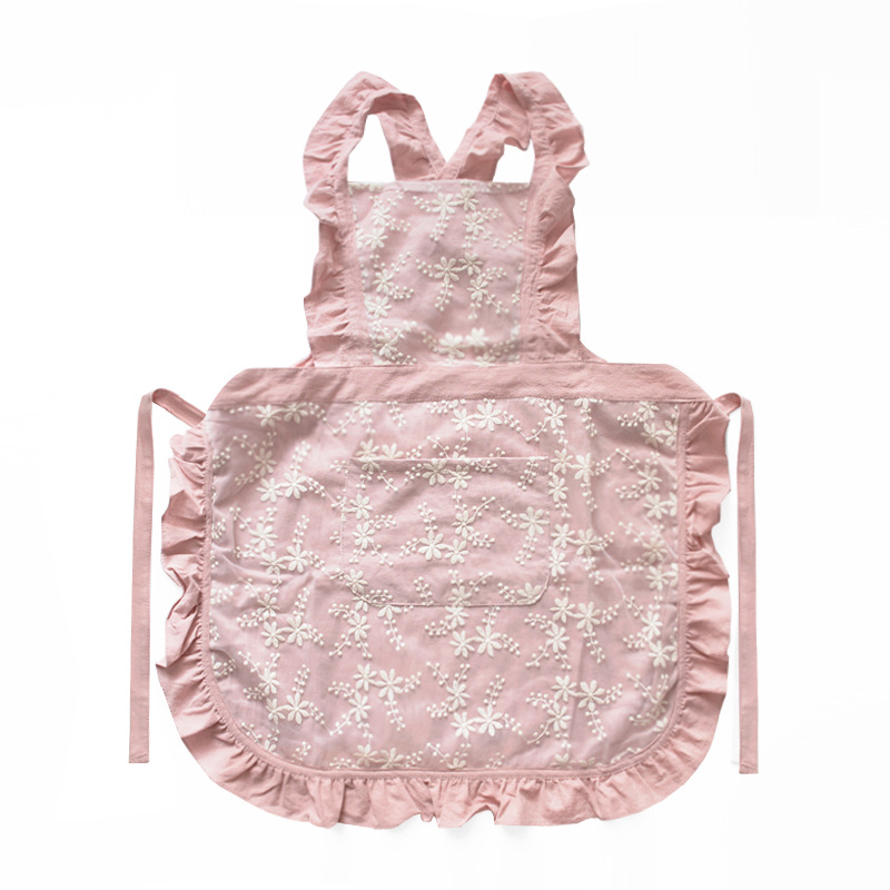 V888-ELOSUNG21356-202502261534-00 Pink Ruffled Kitchen Apron with Floral Lace - Comfortable Baking & Crafting Apron - Image 1