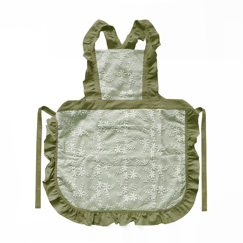 V888-ELOSUNG21358-202502261535-00 Green Ruffled Kitchen Apron with Floral Lace - Comfortable Baking & Crafting Apron - Image 1
