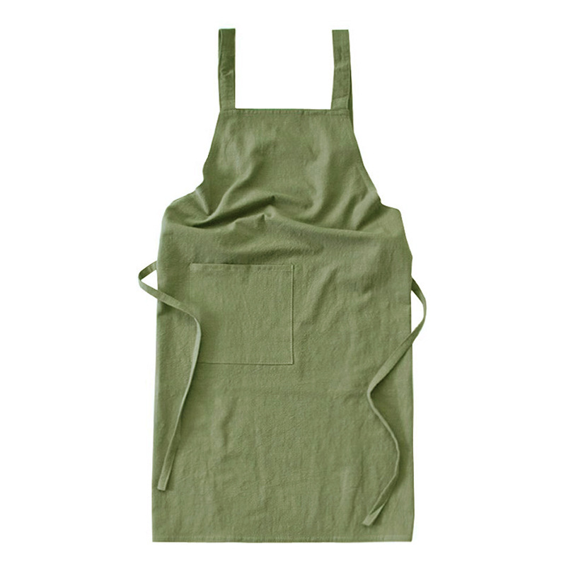 V888-ELOSUNG21362-202502261745-00 Green Cotton Linen H-Back Apron - Solid Color Kitchen Cooking Apron with Pocket - Image 1