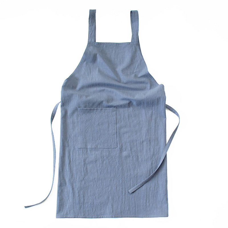 V888-ELOSUNG21363-202502261745-00 Blue Cotton Linen H-Back Apron - Solid Color Kitchen Cooking Apron with Pocket - Image 1