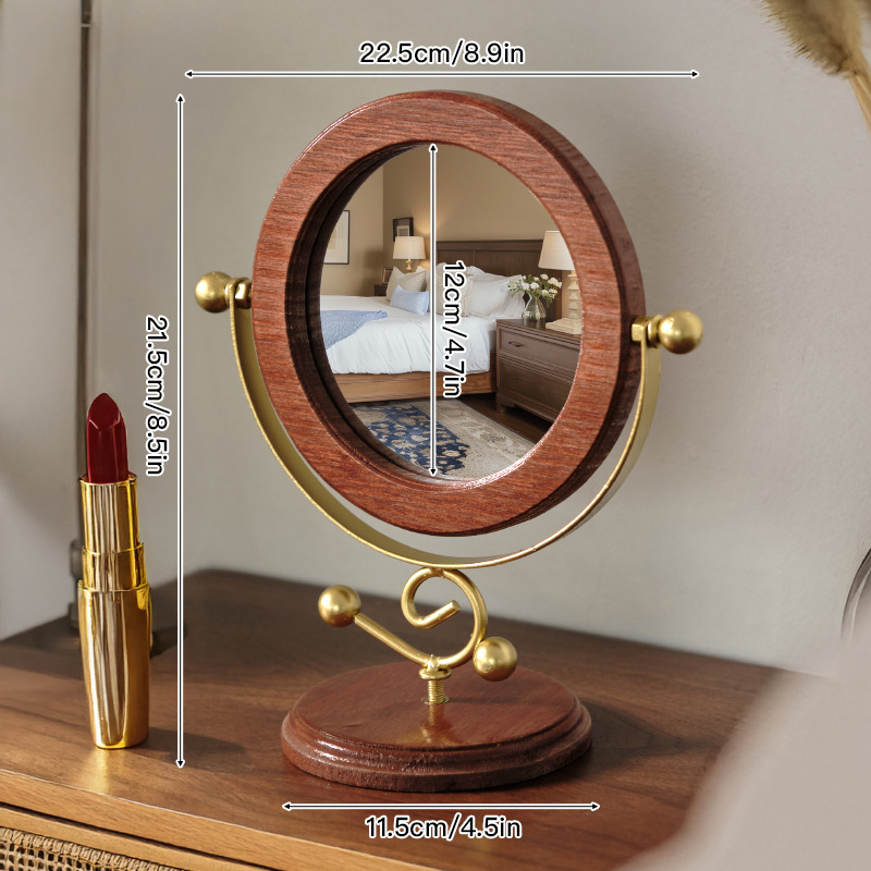 V888-ELOSUNG21495-202503031022-00 Gold and Brown Vintage Solid Wood Makeup Mirror - 360° Rotating Desktop Vanity Mirror - Image 1