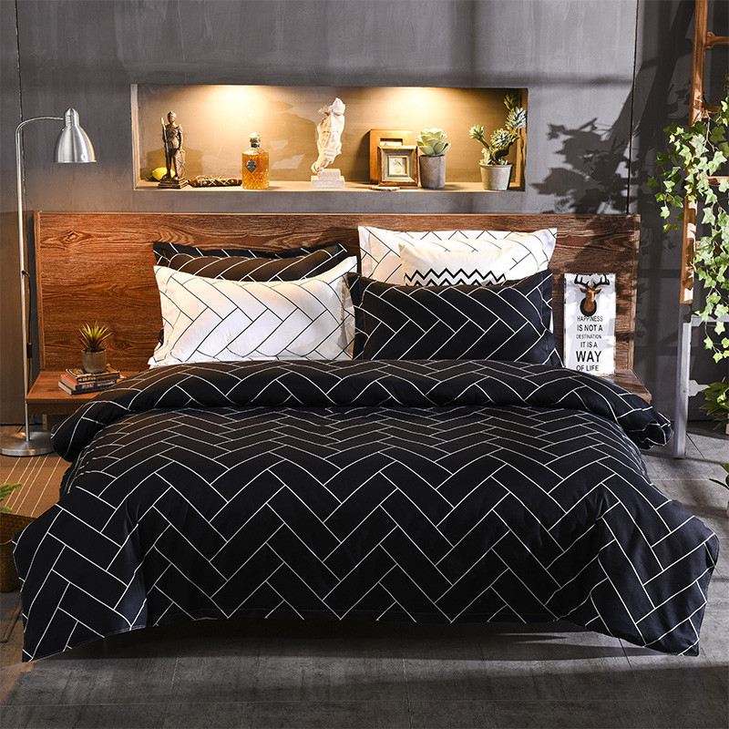 V888-ELOSUNG21497-202503031025-00 Luxurious Black Chevron 3-Piece Polyester Duvet Cover Set with 2 Pcs Pillowcases – Elegant Bedding, Machine Washable, 173x230cm Duvet + 51x76cm Pillowcases - Image 1