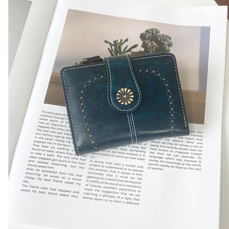 V888-ELOSUNG21557-202503051016-00 Peacock Blue Vintage PU Leather Women's Short Wallet - Elegant Zipper Coin Pocket Multi-Function Card Holder - Image 1