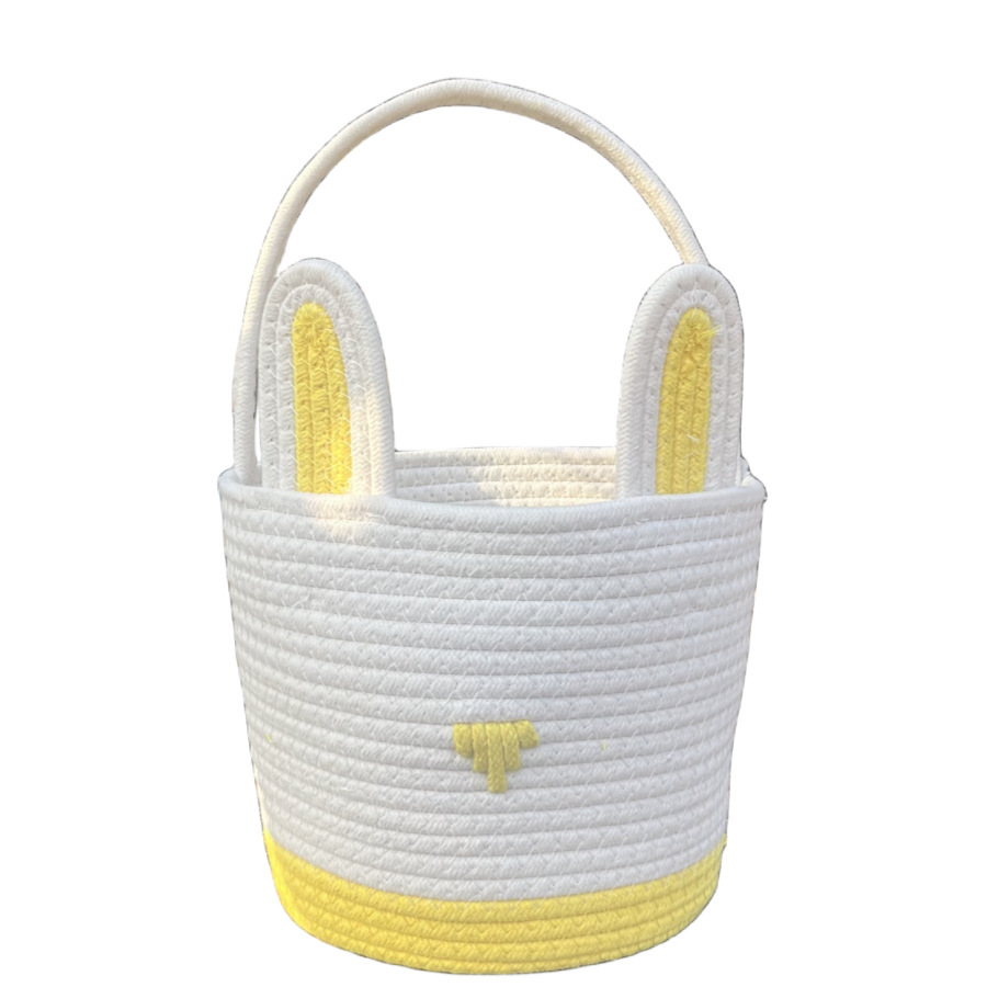V888-ELOSUNG21604-202503071440-00 Yellow And White Stitching Charming Easter Egg Tote Basket - Cute Rabbit-Themed Handwoven Cotton Rope Candy Holder - Image 1