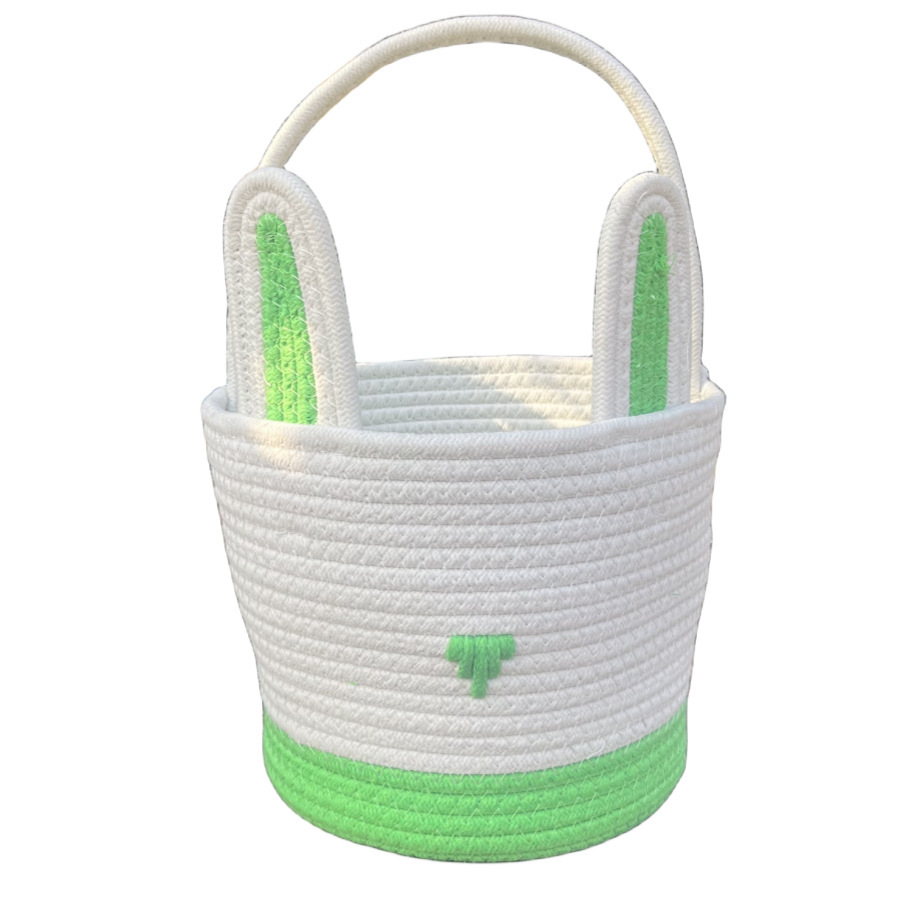 V888-ELOSUNG21605-202503071441-00 Green And White Stitching Charming Easter Egg Tote Basket - Cute Rabbit-Themed Handwoven Cotton Rope Candy Holder - Image 1