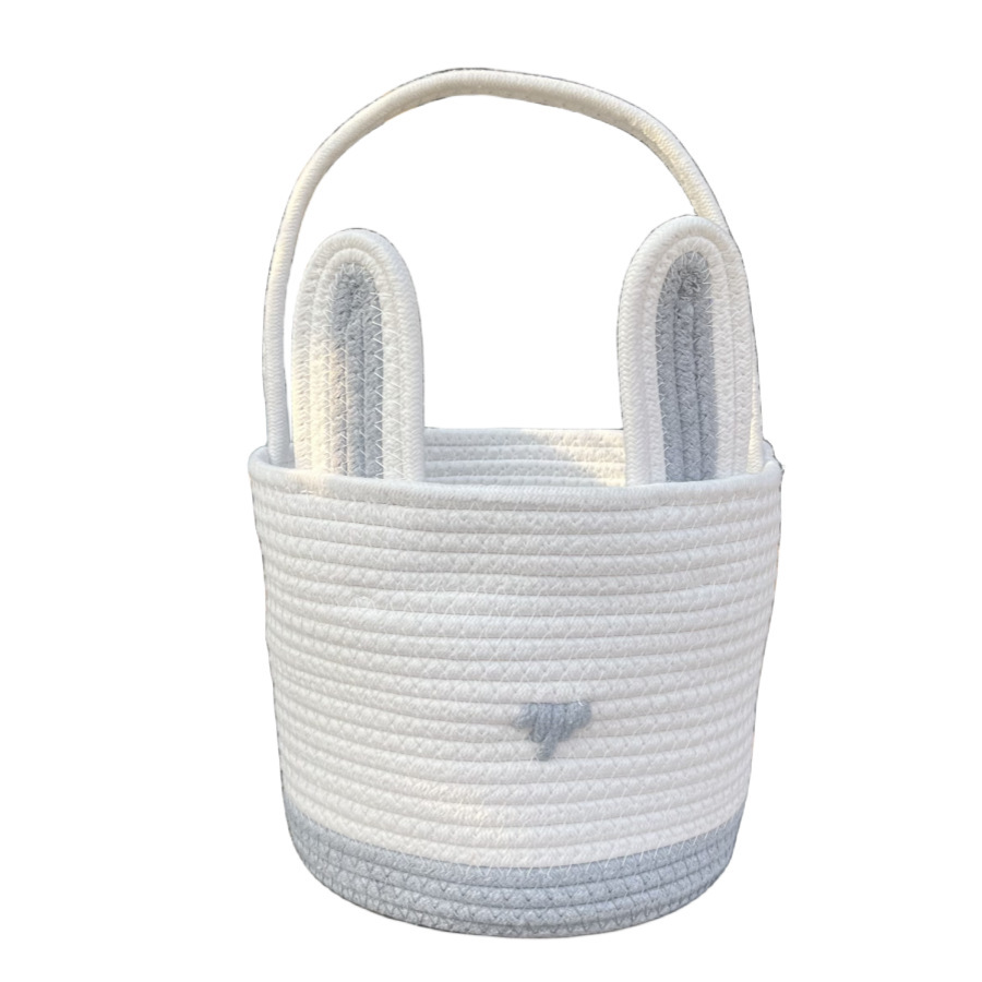 V888-ELOSUNG21606-202503071441-00 Grey And White Stitching Charming Easter Egg Tote Basket - Cute Rabbit-Themed Handwoven Cotton Rope Candy Holder - Image 1