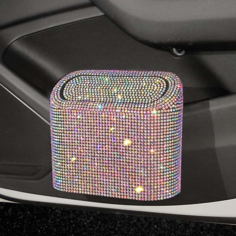 V888-ELOSUNG21652-202503071646-00 Colored Diamond Sparkly Rhinestone Car Trash Can - Diamond Auto Garbage Bin Organizer - Image 1
