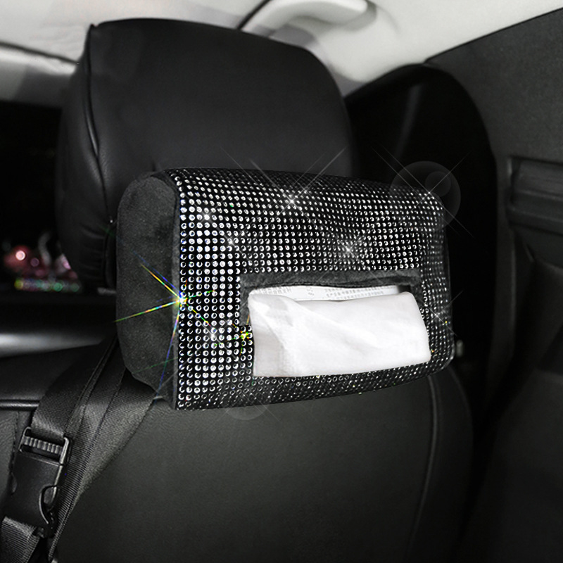 V888-ELOSUNG21662-202503071331-00 Black Diamond Bling Rhinestone Car Tissue Box Holder - Applies to Visor & Seat Back - Image 1
