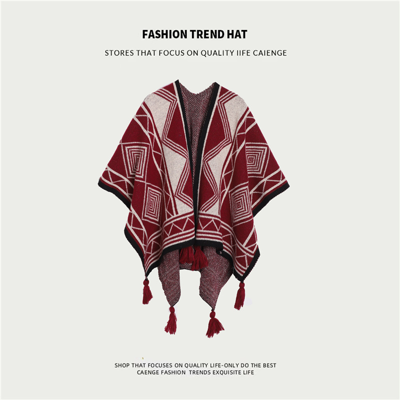 V888-ELOSUNG21769-202503111111-00 Burgundy Tassel Style Ethnic Boho Shawl for Women - Stylish Split Cape for Travel and Cooling Rooms - Image 1