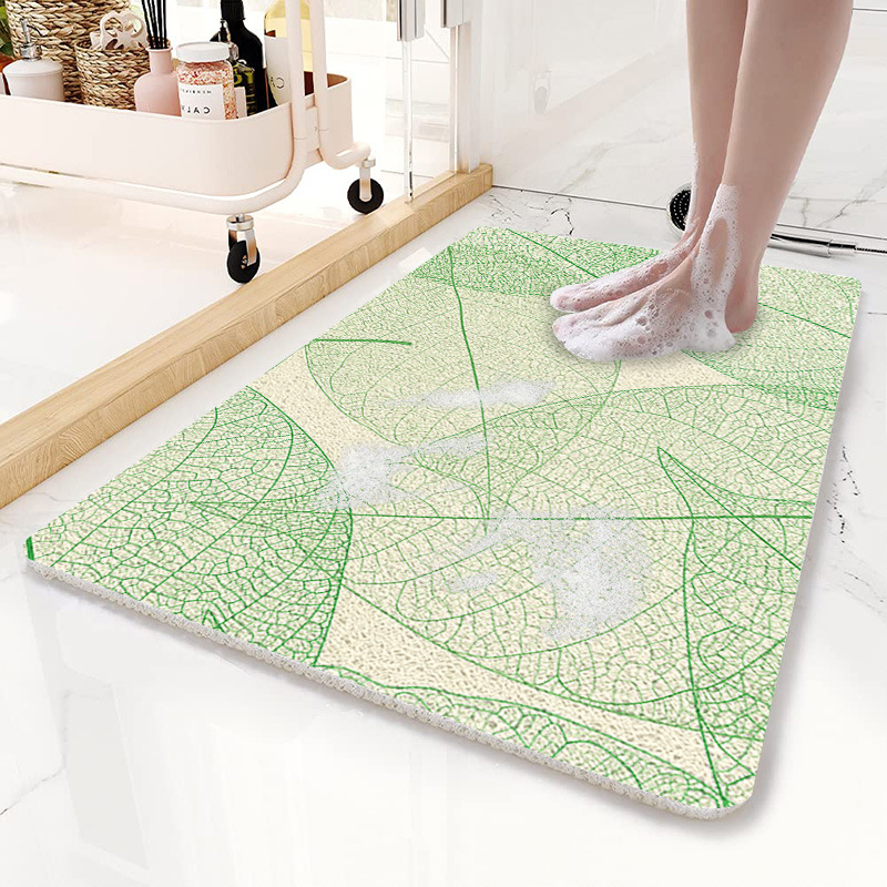 V888-ELOSUNG21796-202503121416-00 Green Leaves Pattern PVC Non-Slip Bath Mat 45x75cm - Shower Drain Hole Design, Soft & Quick-Dry Bathroom Rug - Image 1