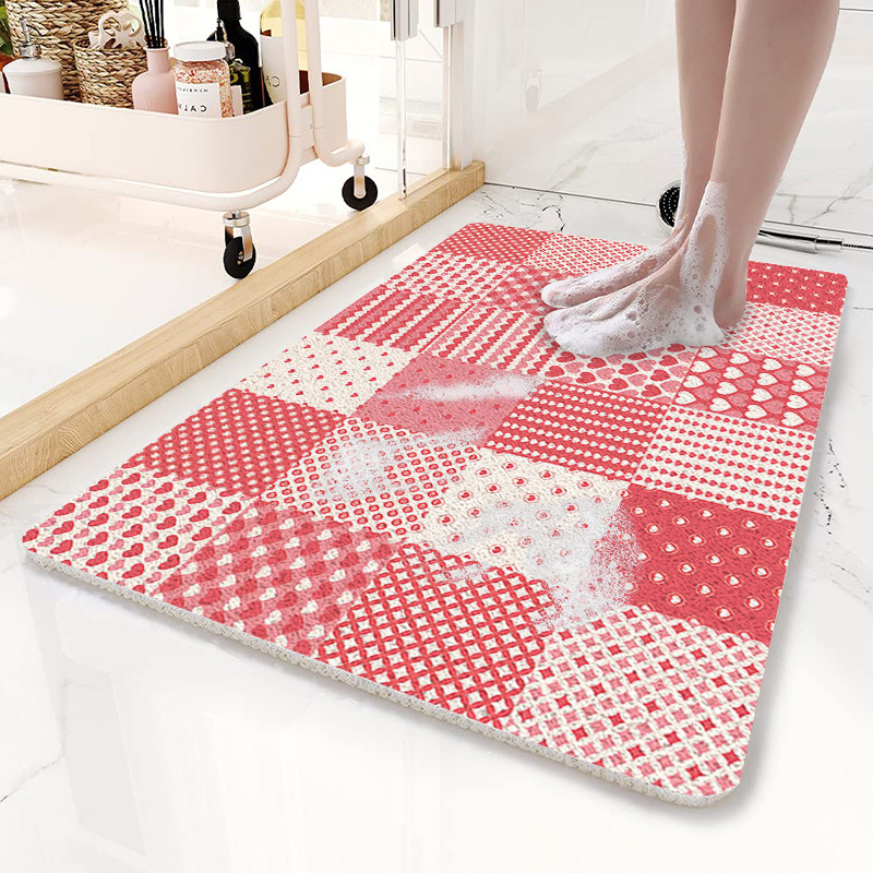 V888-ELOSUNG21804-202503121424-00 Pink Checkered Pattern PVC Non-Slip Bath Mat 45x75cm - Shower Drain Hole Design, Soft & Quick-Dry Bathroom Rug - Image 1