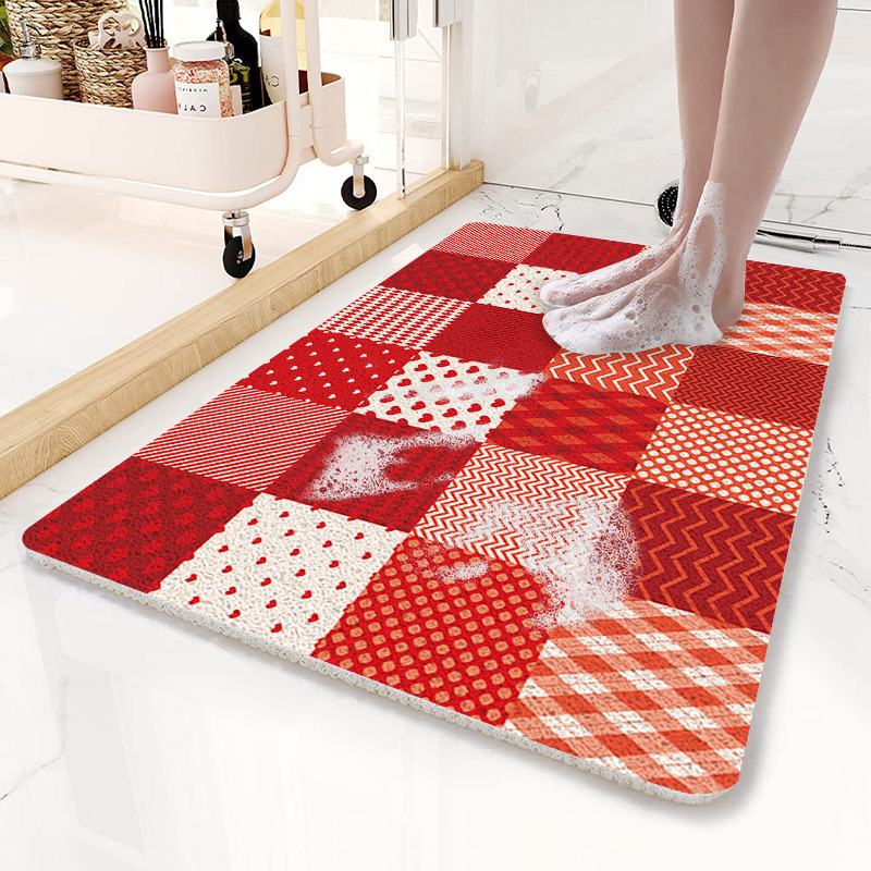 V888-ELOSUNG21809-202503121432-00 Red Checkered Pattern PVC Non-Slip Bath Mat 50x80cm - Shower Drain Hole Design, Soft & Quick-Dry Bathroom Rug - Image 1