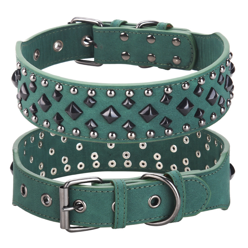 V888-ELOSUNG21863-202503131505-00 Size L Green 1 pack Stylish PU Leather Dog Collar with Spikes - Adjustable, Durable & Comfortable for Medium to Large Breeds - Image 1