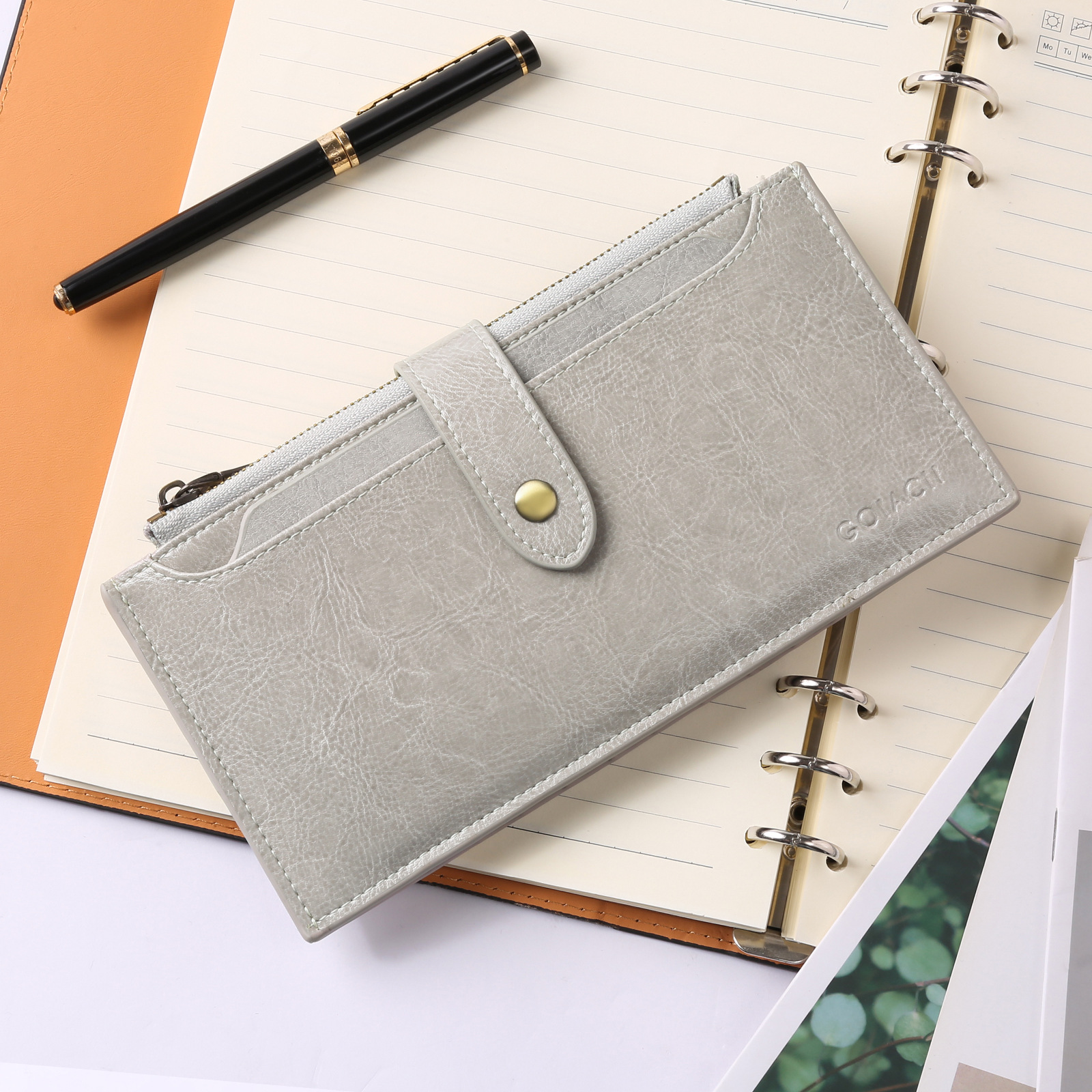 V888-ELOSUNG22102-202503181015-00 Light Gray Large Capacity Women's Leather Wallet - RFID Blocking Card Holder - Image 1