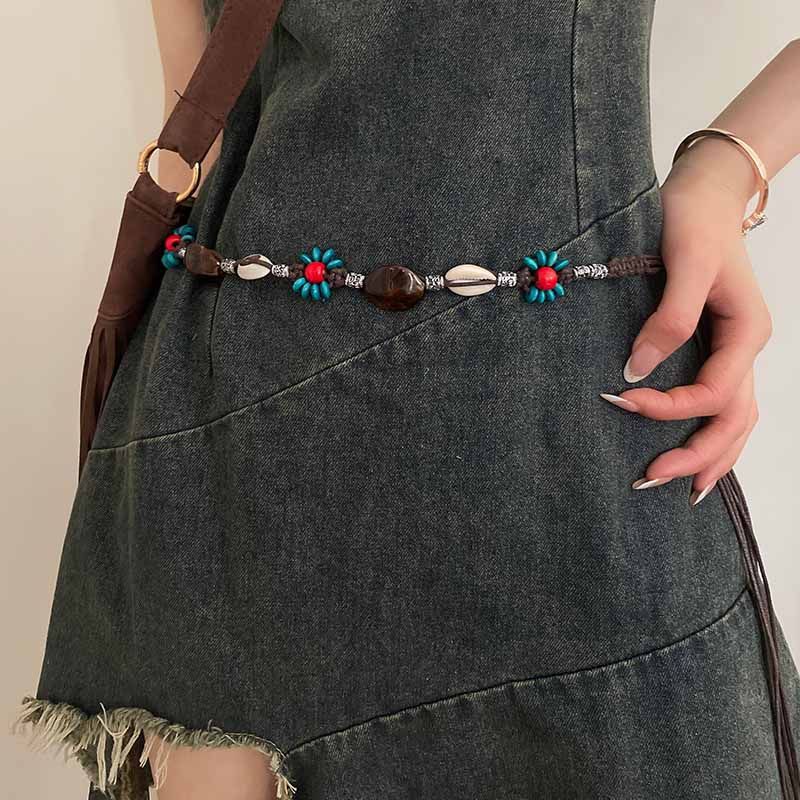 V888-ELOSUNG22122-202503181736-00 2 PCS Shell Red Beads Ethnic Style Waist Chain - Beaded Bohemian Belt for Women - Image 1