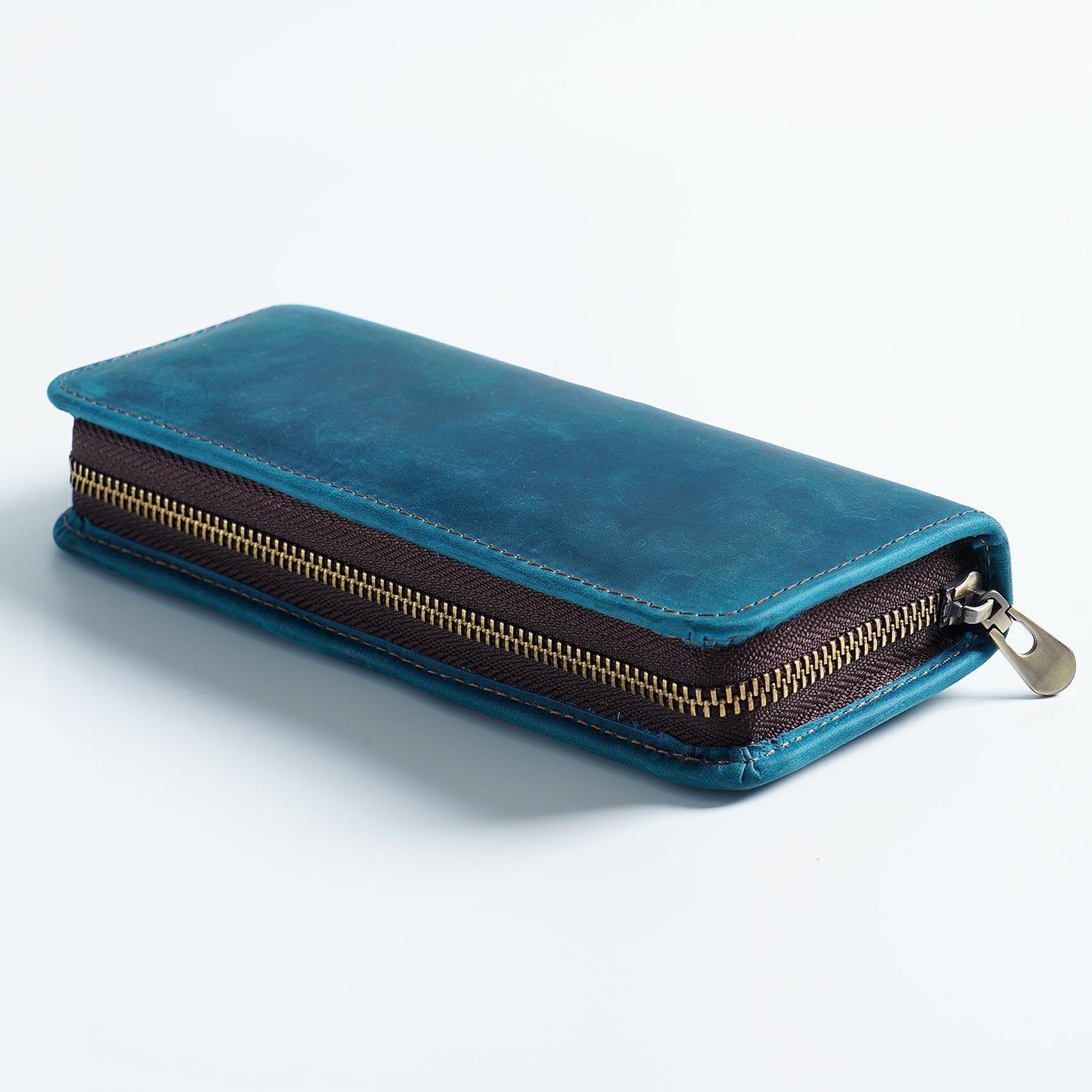 V888-ELOSUNG22181-202503181106-00 Blue Genuine Leather Pencil Case - Vintage Zip-Up Pen Holder with Elastic Loops - Image 1