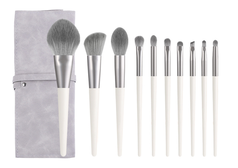 V888-ELOSUNG22350-202503211827-00 Silver Gray (Brush + Bag) 10 Piece Face Eye Makeup Brush Set - Premium Makeup Blending Brushes - Image 1