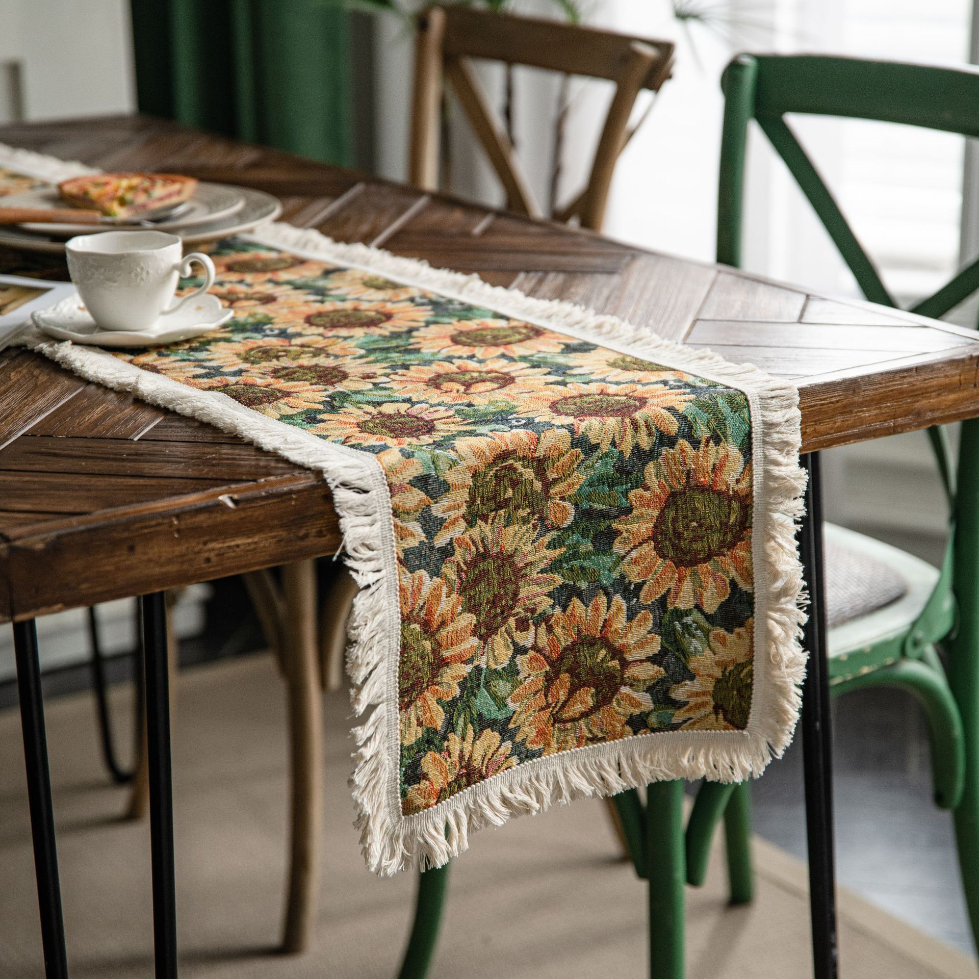 V888-ELOSUNG22379-202503251830-00 Sunflower Table Runner with Fringe - Jacquard Woven Cotton Blend (30x160cm) - Image 1