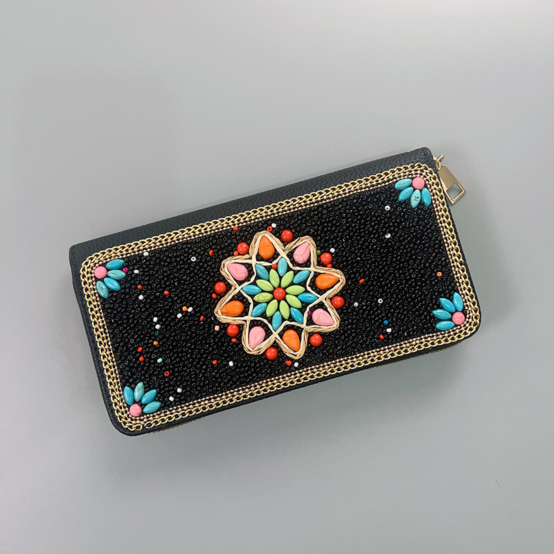 V888-ELOSUNG22398-202503251948-00 Black Ethnic Style Beaded Clutch - Handmade Retro Wallet Style 1 - Image 1
