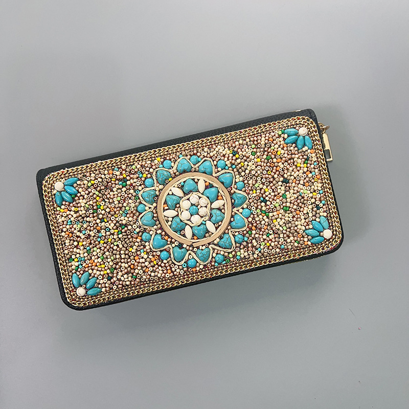 V888-ELOSUNG22402-202503251843-00 Beige Sunflower Ethnic Style Beaded Clutch - Handmade Retro Wallet Style 5 - Image 1