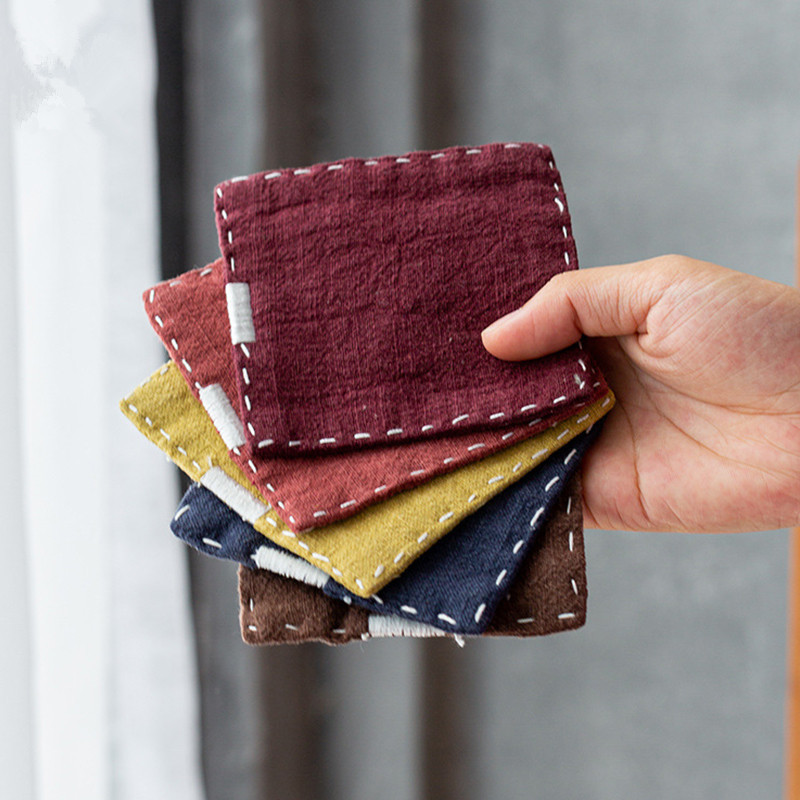 V888-ELOSUNG22411-202503252009-00 Chinese Style Linen Coasters - Set of 5, Hand-Embroidered Tea Mats (9x9cm) - Image 1