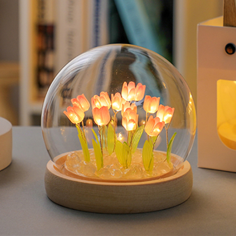 V888-ELOSUNG22481-202503251510-00 (Ten Pink Tulips) Glowing Tulip Dome Lamp - Wooden Base, Bedside Table Decoration - Image 1