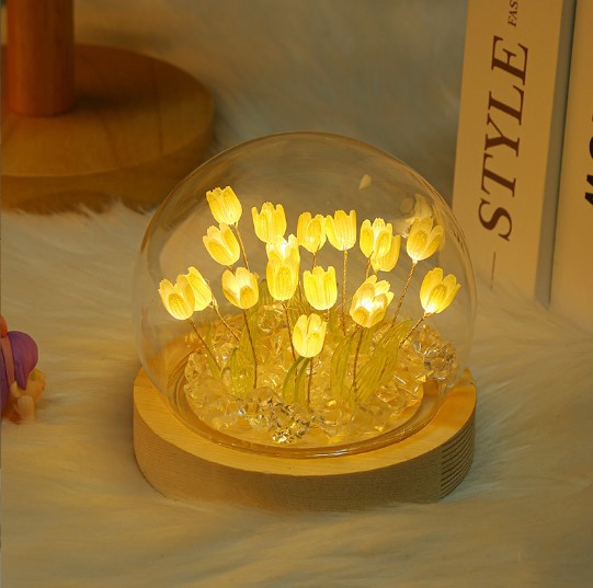 V888-ELOSUNG22486-202503251843-00 (Thirteen Yellow Tulips) Glowing Tulip Dome Lamp - Wooden Base, Bedside Table Decoration - Image 1