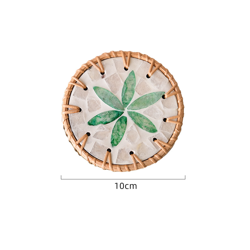 V888-ELOSUNG22489-202503251848-00 (Green Leaf Pattern) Set of 5 Rattan & Shell Coasters - Decorative & Heat Resistant - Image 1