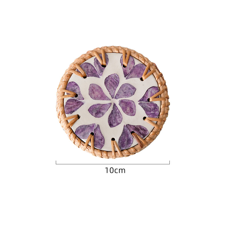 V888-ELOSUNG22491-202503271309-00 (Purple Heart Pattern) Set of 5 Rattan & Shell Coasters - Decorative & Heat Resistant - Image 1